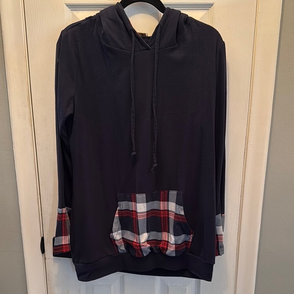 Blue Hoodie with Plaid Pocket and Sleeves - Picture 1 of 4